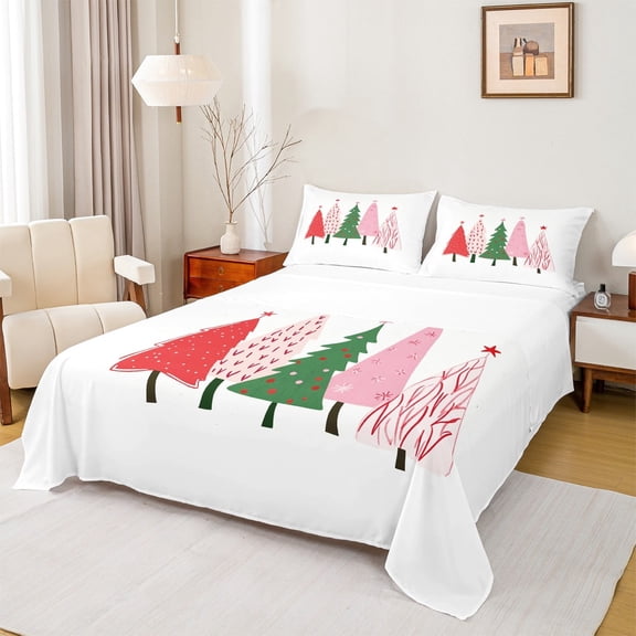 jejeloiu Christmas Tree Twin Sheet Sets,Marry Xmas Twin Fitted Sheet,White Red Oink Flat Sheet For Girl Boy,Ultra Soft Room Decoration,3-Piece