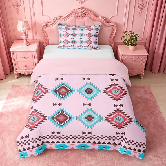 jejeloiu Classic Aztec Geometric Twin Duvet Cover For Girls,Pink Bohemian Geometric Twin Bedding,Pink Reversible,2 Pieces,1 Duvet Cover and 1 Pillowcase