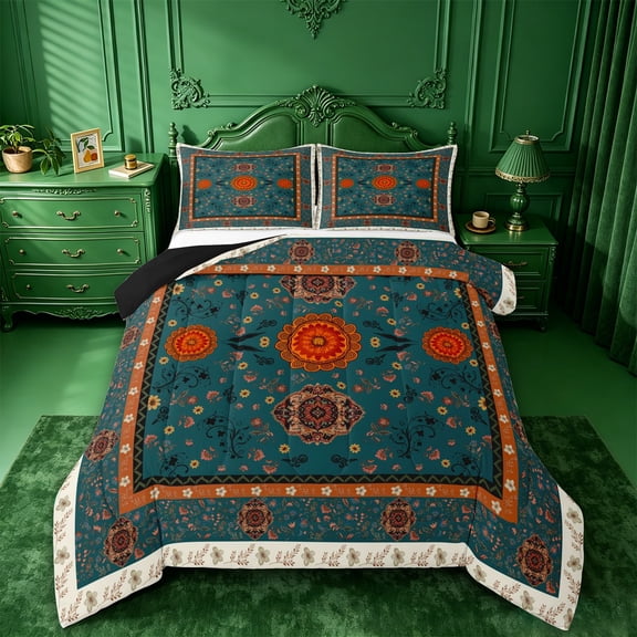 jejeloiu Classic Boho Queen Comforter Set For Men Women,Paisley Mandala Comforter Sets Queen,Teal,Black Reversible,3 Pieces,1 Comforter and 2 Pillowcases