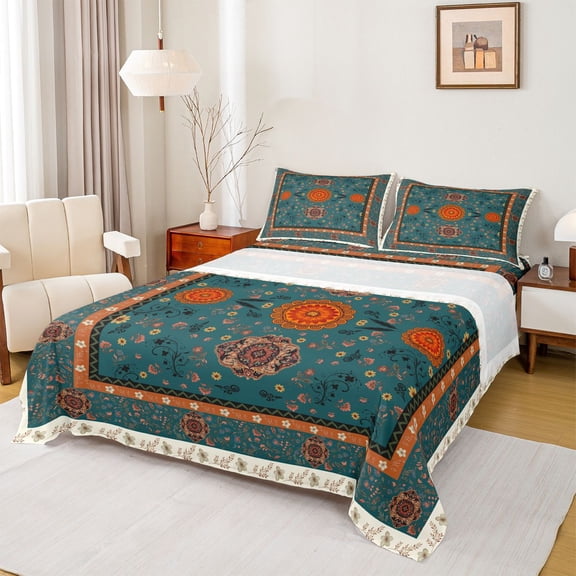 jejeloiu Classic Boho Queen Sheets For Men Women,Paisley Mandala Queen Sheet Sets,Teal,4 Pieces,1 Flat Sheet, 1 Fitted Sheet and 2 Pillowcases