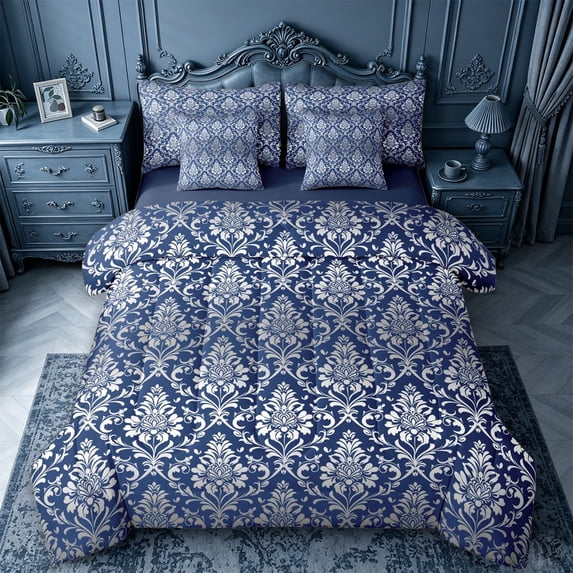 jejeloiu Classic Damask 7pcs Queen Bedding,Traditional Print Bedding Comforter Set Queen For Adults,Navy White,Navy Blue Reversible