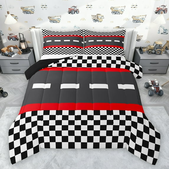 jejeloiu Classic Geometric Checkered Full Size Comforter Sets,Racing Track Bedding Comforter Set,Red Black White Bedding Sets For Boys Kids,Microfiber Bedroom Decor Reversible,3pcs