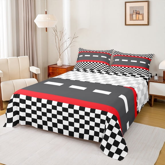 jejeloiu Classic Geometric Checkered Queen Sheet Sets,Racing Track Flat Sheet,Red Black White Queen Fitted Sheet For Boys Kids,Microfiber Bedroom Decor,4-Piece