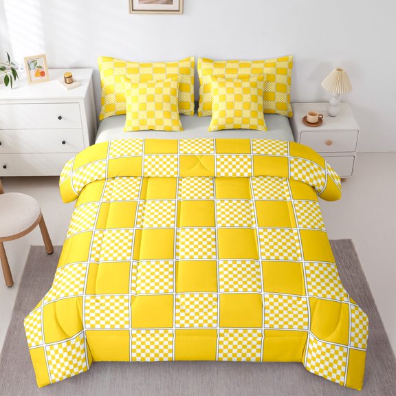jejeloiu Classic Grid Bedding Comforter Set 7 Pieces,Minimalism Geometric Checkered Full Bedding Set,Yellow White Fitted Sheet Flat Sheet For Girls Boys,Super Cozy Room Decor Reversible