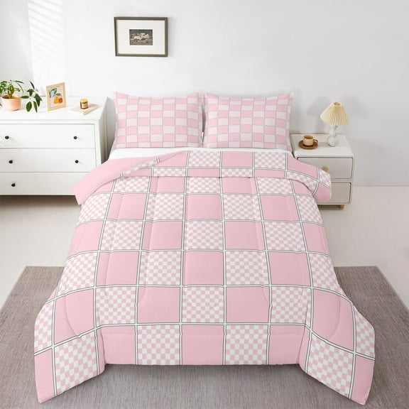 jejeloiu Classic Grid Bedding Comforter Set,Minimalism Geometric Checkered Twin Comforter Sets,Pink Checkerboard Bedding Set For Girls Boys,Super Cozy Room Decor Reversible,2-Piece