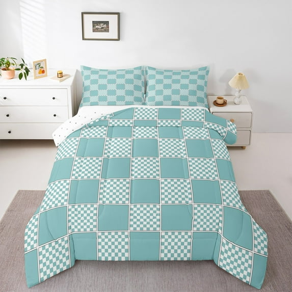 jejeloiu Classic Grid Full Size Comforter Sets,Minimalism Geometric Checkered Bedding Comforter Set,White Blue Buffalo Bedding Sets For Girls Boys,Super Cozy Room Decor Reversible,3pcs
