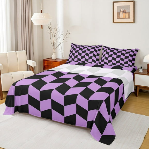 jejeloiu Classic Grid Full Size Sheets,Minimalism Geometric Rhombus Bed Sheets,Purple Black Checkered Sheet Sets For Girls Boys,Super Cozy Room Decor,4-Piece