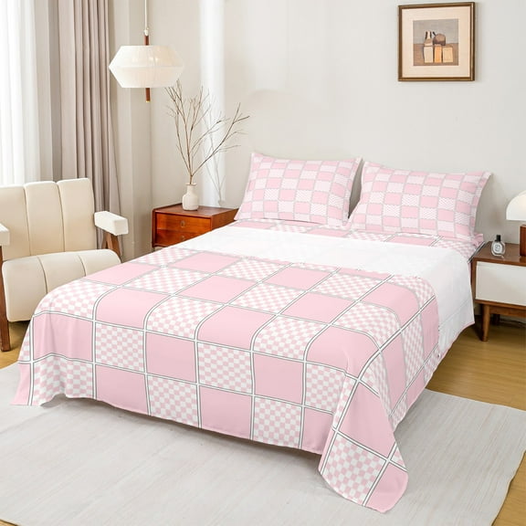 jejeloiu Classic Grid Twin Sheet Sets,Minimalism Geometric Checkered Twin Fitted Sheet,Pink Checkerboard Flat Sheet For Girls Boys,Super Cozy Room Decor,3-Piece