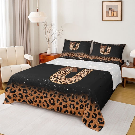 jejeloiu Classic Leopard Initial U Queen Sheet Sets For Girls,Fashion Glitter Bowknot Monogram Print Bed Set,4 Pieces