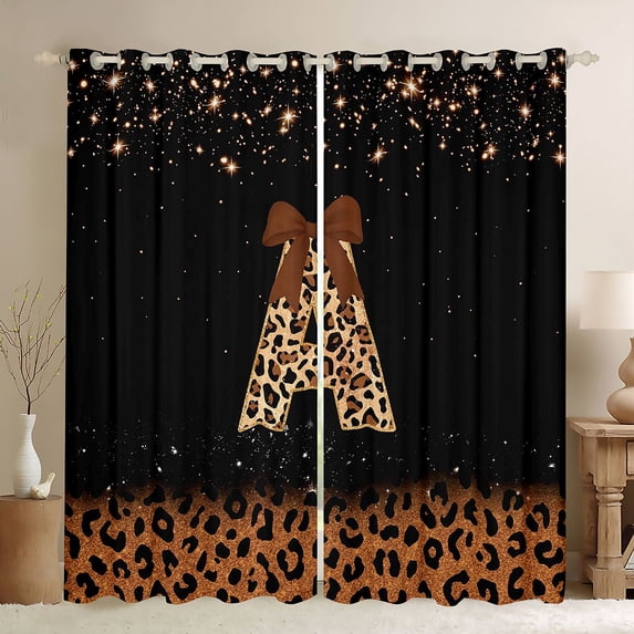 jejeloiu Classic Leopard Monogram A Black Out Curtains For Girls,Brown Bow Glitter Print Initial Curtains Pack of 2 (42x63 Each) For Kids