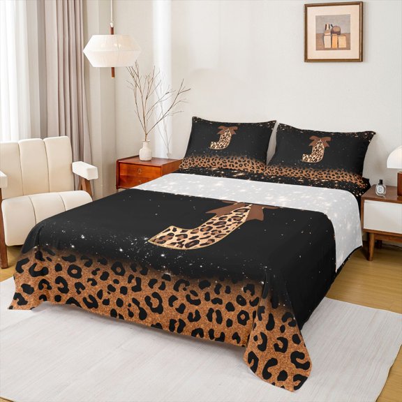 jejeloiu Classic Leopard Monogram J Bed Sheets For Kids,Brown Sequin Bowknot Aesthetic King Sheets,4pcs