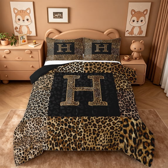 Catabedysis Classic Leopard Pattern Queen Comforter Set For Girls,Fashion Cheetah Print Initial Comforter Sets Queen,Black Reversible,3 Pieces,1 Comforter and 2 Pillowcases