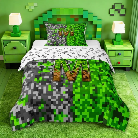 jejeloiu Classic Pixel Miner Games Twin Comforter Sets For Kids,Monogram Letter M Bedding Set For Boys,Reversible,2 Pieces