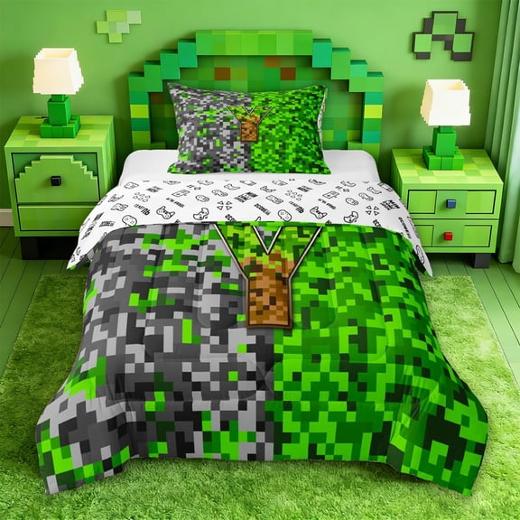 jejeloiu Classic Pixel Miner Games Twin Comforter Sets For Kids,Monogram Letter Y Bedding Set For Boys,Reversible,2 Pieces