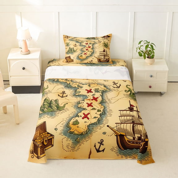 jejeloiu Classic Treasure Map Twin Sheets,Pirate Ship Anchor Bedding For Boys,Beige Brown,3 Pieces,1 Fitted Sheet and 1 Pillowcase