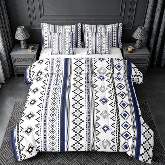 jejeloiu Classic Tribal 7 Pieces Full Size Bedding Sets,Traditional Print Full Size Bed in a Bag For Boys,Blue White,Reversible