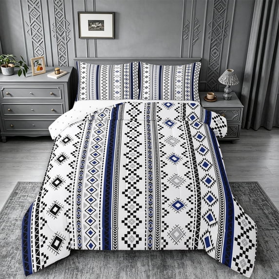 jejeloiu Classic Tribal Full Size Comforter Sets,Traditional Print Bedding Comforter Set For Boys,Blue White,Reversible,3pcs,1 Comforter and 2 Pillowcases