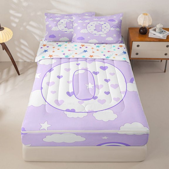 jejeloiu Cloud Stars Initial O Zipper Twin Comforter Sets with Fitted Sheet and 2 Pillowcases For Kids,Purple Rainbow Loves Print Zipper Bedding Set For Girls,Colorful Stars Reversible,4-Piece