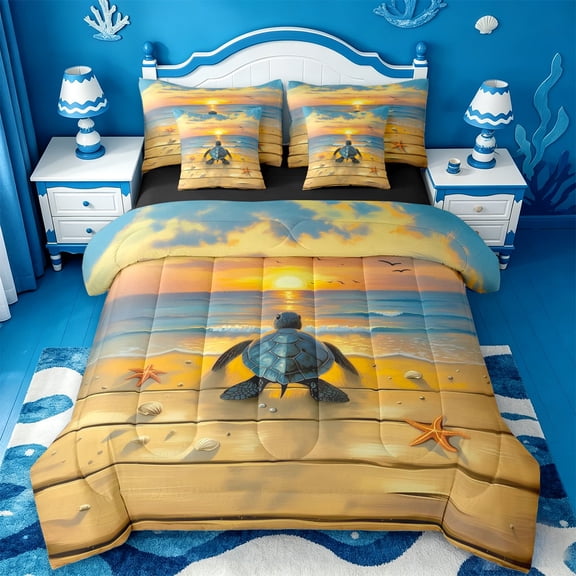 jejeloiu Coastal Animal Turtle 7-Piece Twin Bedding Sets Kids,Colorful Oil Printing Art Bedding Comforter Set,Reversible