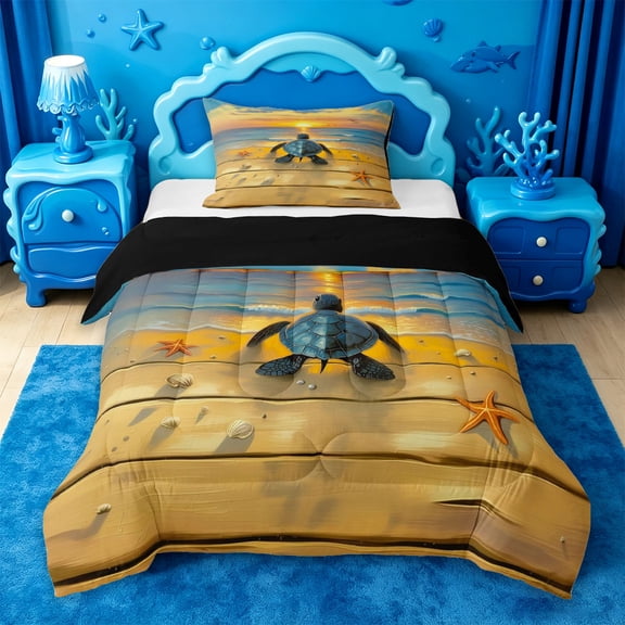 jejeloiu Coastal Animal Turtle Twin Comforter Sets Kids,Colorful Oil Printing Art Bedding Set,Reversible,2pcs