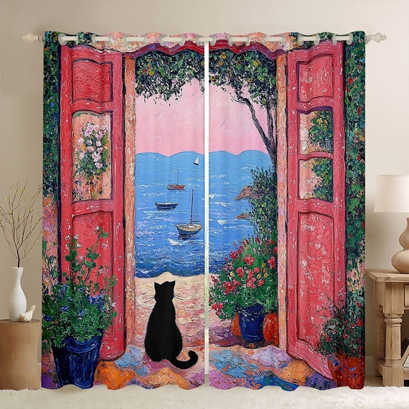 jejeloiu Coastal Black Cat Black Out Curtains Kids,Colorful Oil Painting Curtains Pack of 2 (42x63 Each) For Girl