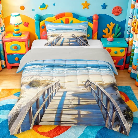 jejeloiu Coastal Boardwalk Twin Comforter Sets,Ocean View Print Bedding Set For Boys,Blue White,Light Gray Reversible,2-Piece,1 Comforter and 1 Pillowcase