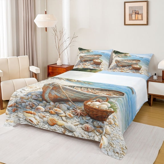 jejeloiu Coastal Boat Bed Sheets,Seashell Print Full Size Sheets For Boys,Multicolor,4pcs,1 Flat Sheet, 1 Fitted Sheet and 2 Pillowcases