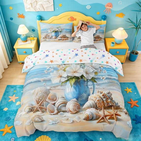 jejeloiu Coastal Floral Vase Bedding,Seashell Beach Scene Duvet Cover Full For Boys,Blue Beige,Colorful Stars Reversible,3pcs,1 Duvet Cover and 2 Pillowcases