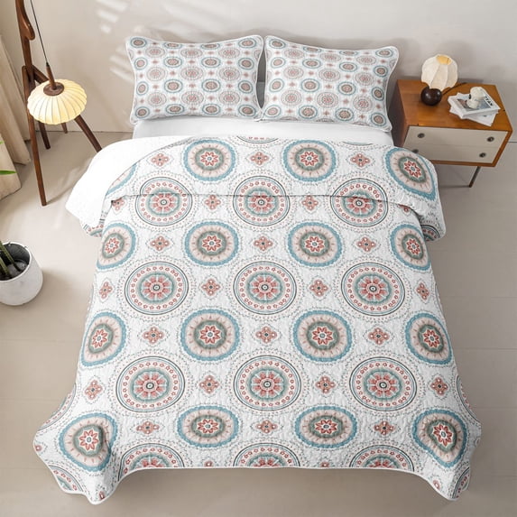 jejeloiu Coastal Mandala Bed Spread Queen For Men Women,Calm Print Queen Coverlet Set,Teal Blue Beige,3pcs