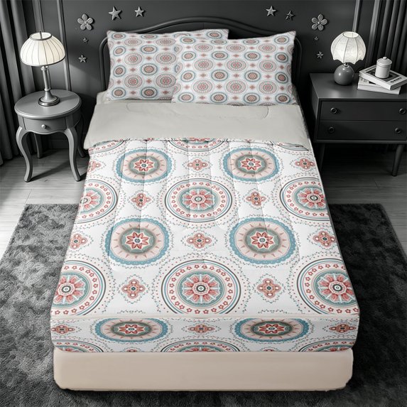 jejeloiu Coastal Mandala Zipper Full Size Comforter Sets with Fitted Sheet and 2 Pillowcases For Men Women,Calm Print Zipper Bedding Set,Teal Blue Beige,Light Gray Reversible,4 Pieces