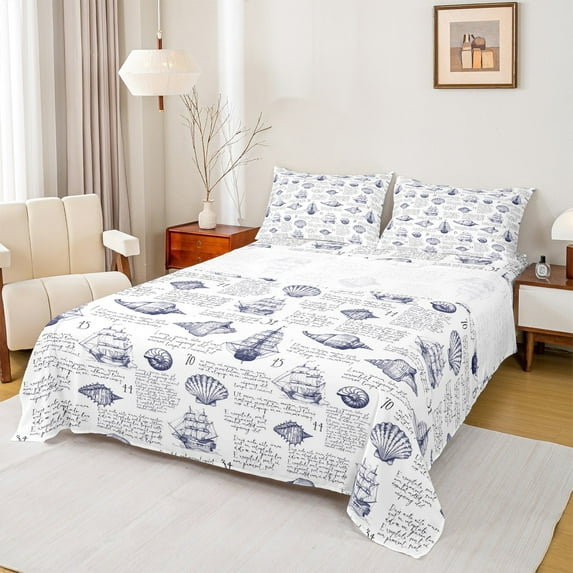 jejeloiu Coastal Ocean Full Size Sheets,Seashell Conch Sailboat Bed Sheets,Intage Nautical Sheet Sets For Child,Microfiber Bedroom Decor,4pcs