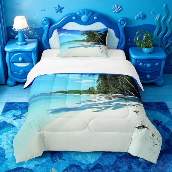 jejeloiu Coastal Palm Beach Twin Comforter Sets,Scenic Print Bedding Set For Boys,Blue White,2pcs,1 Comforter and 1 Pillowcase