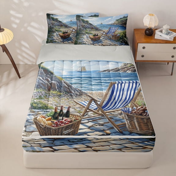 jejeloiu Coastal Picnic Zipper Twin Comforter Sets with Fitted Sheet and 2 Pillowcases,Beach Chair Print Zipper Bedding Set For Boys,Multicolor,Light Gray Reversible,4-Piece