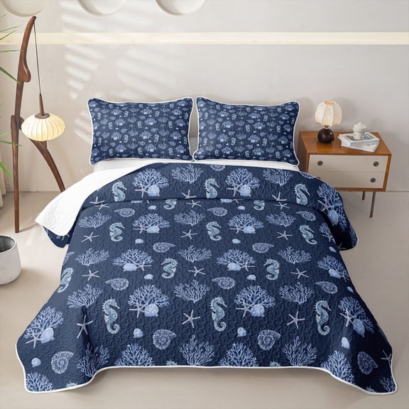 jejeloiu Coastal Seahorse Twin Quilt Set,Coral Shell Pattern Twin Coverlet Set For Boys,Navy Blue,2 Pieces