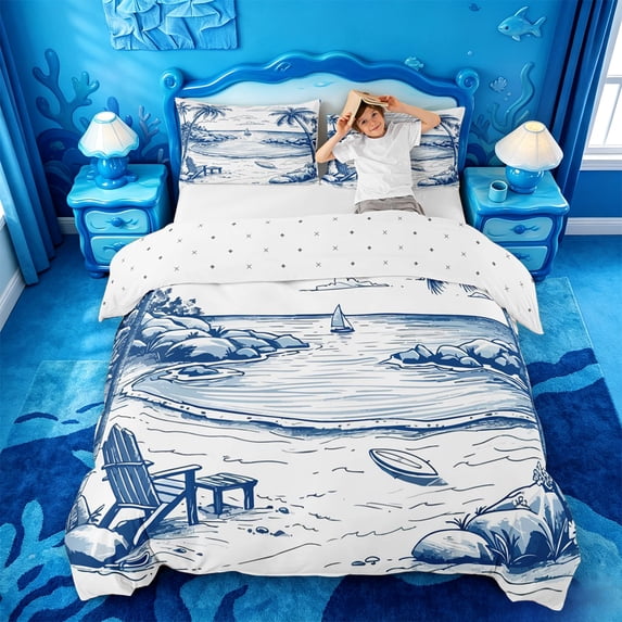 jejeloiu Coastal Sketch Beach Bedding,Palm Chair Seascape Duvet Cover Full For Boys,Blue White,Reversible,3-Piece,1 Duvet Cover and 2 Pillowcases