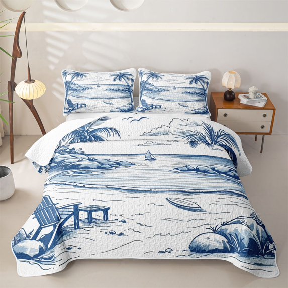 jejeloiu Coastal Sketch Beach Twin Quilt Set,Palm Chair Seascape Twin Coverlet Set For Boys,Blue White,2 Pieces