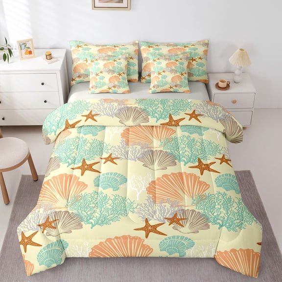 jejeloiu Coastal Starfish Print 7-Piece Twin Bedding For Girls,Coral Shell Pattern Bedding Comforter Set,Multicolor,Light Gray Reversible