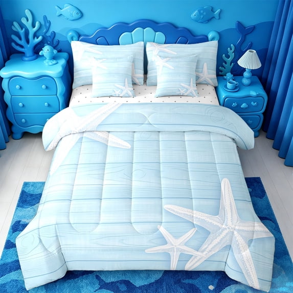jejeloiu Coastal Starfish Print 7 Pieces Full Size Bedding Sets For Girls,Light Blue Wood Pattern Full Size Bed in a Bag,Light Blue White,Reversible