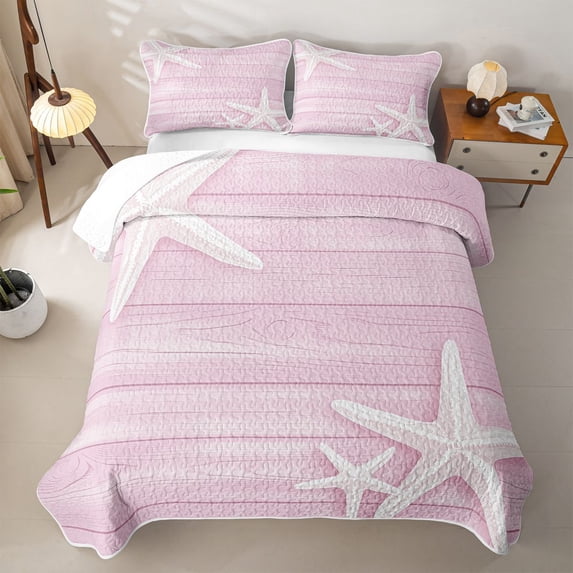 jejeloiu Coastal Starfish Print Bed Spread Queen For Girls,Pink Wood Pattern Queen Coverlet Set,Pink White,3pcs
