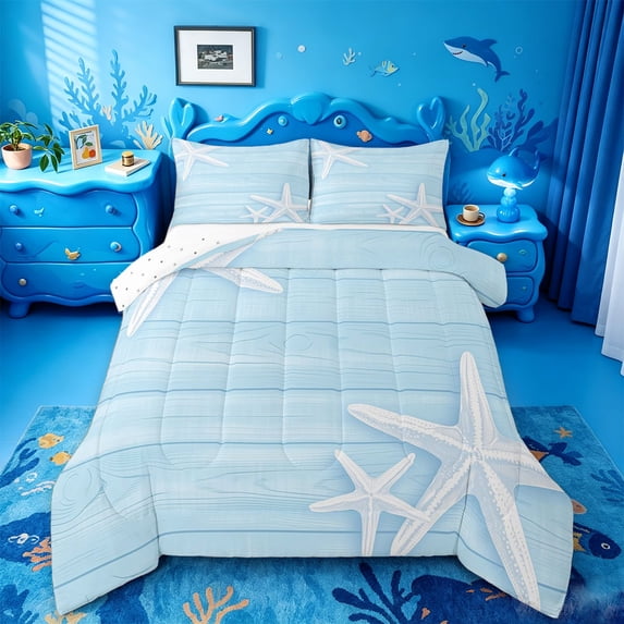 jejeloiu Coastal Starfish Print Full Size Comforter Sets For Girls,Light Blue Wood Pattern Bedding Comforter Set,Light Blue White,Reversible,3-Piece,1 Comforter and 2 Pillowcases