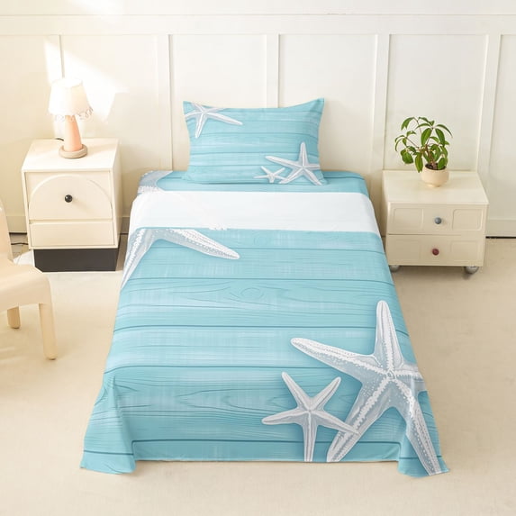 jejeloiu Coastal Starfish Print Twin Sheets For Girls,Ocean Themed Bedding,Light Blue White,3-Piece,1 Fitted Sheet and 1 Pillowcase