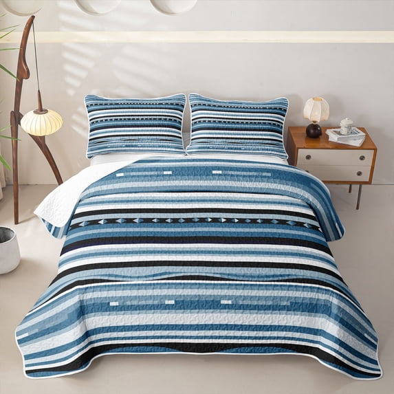 jejeloiu Coastal Striped Twin Quilt Set For Men Women,Calm Aztec Twin Coverlet Set,Blue Black,2pcs