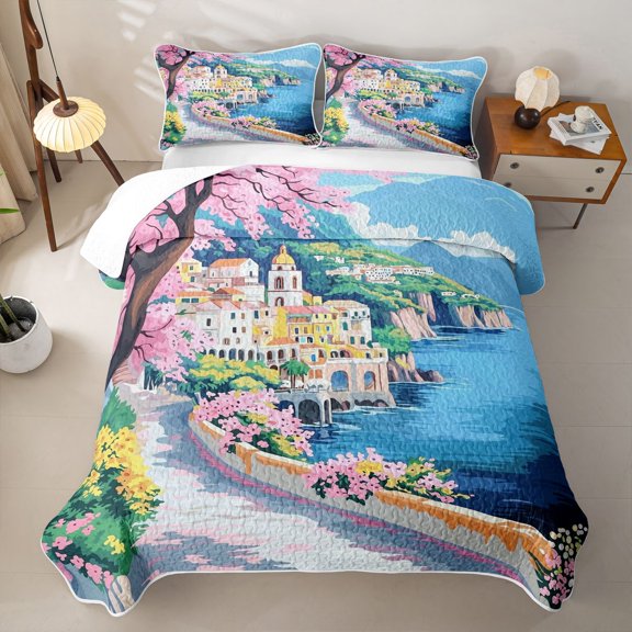 jejeloiu Coastal Town Watercolor Bed Spread Queen Kids,Pink Cherry Blossom Queen Coverlet Set,3 Pieces