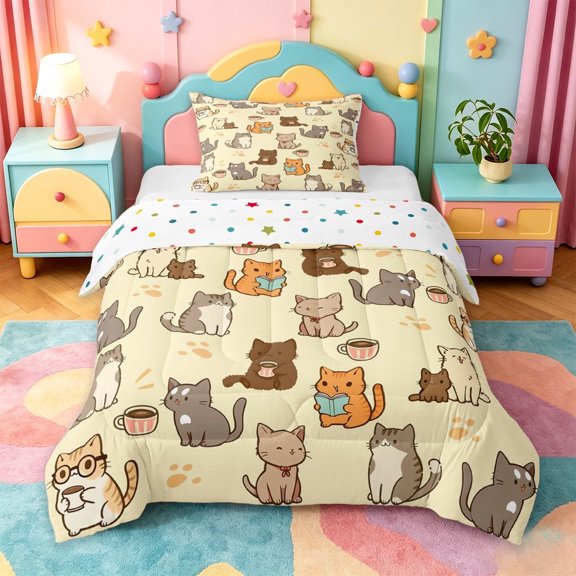 jejeloiu Coffee Cat Pattern Twin Comforter Sets Kids,Kawaii Kittens Bedding Set,Reversible,2-Piece