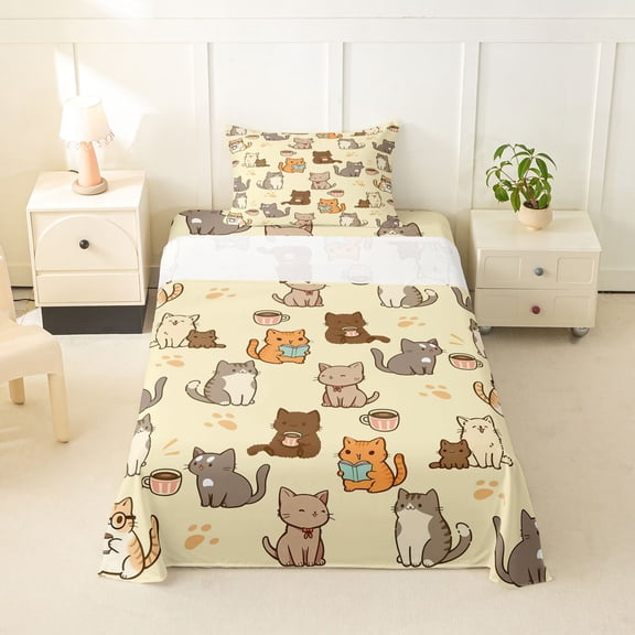 jejeloiu Coffee Cat Pattern Twin Sheet Sets Kids,Kawaii Kittens Bedding,3-Piece
