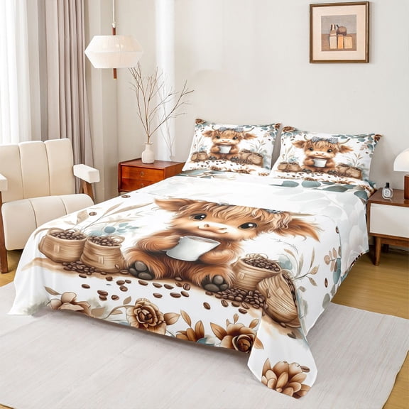 jejeloiu Coffee Highland Cow Full Size Sheets Kids,Cute Farm Animal Bed Sheets,4-Piece