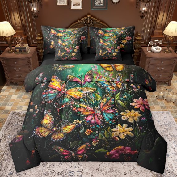 jejeloiu Colorful 3D Diamond 7pcs Bedding Comforter Set,Multicolor Cute Butterfly Queen Bedding Sets,Watercolor Painting Flowers Queen Sheet Sets For Girls Kids,Luxury Bedroom Decor Reversible
