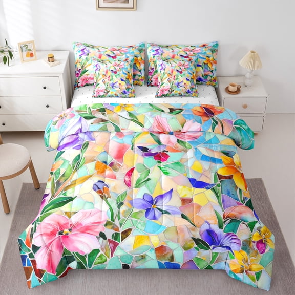 jejeloiu Colorful Abstract Flower 7-Piece Twin Bedding Sets,Multicolor Glass Bedding Comforter Set,Ancient Aesthetic Artwork Sheet Sets For Girl Teens,Breathable Home Decor Reversible