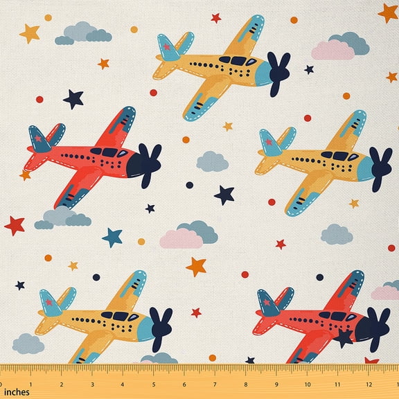 jejeloiu Colorful Airplane Fabric by the Yard 5 Yards,Stars Cloud Print Fabric for Sewing,Aircraft Toy Home Decor Fabric by the Yard For Children,Super Cozy Room Decor