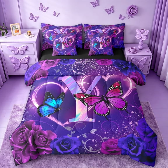 jejeloiu Colorful Animal Butterfly 7pcs Bedding Comforter Set For Girls,Initial Alphabet Y Queen Bedding Sets For Kids,Black Reversible